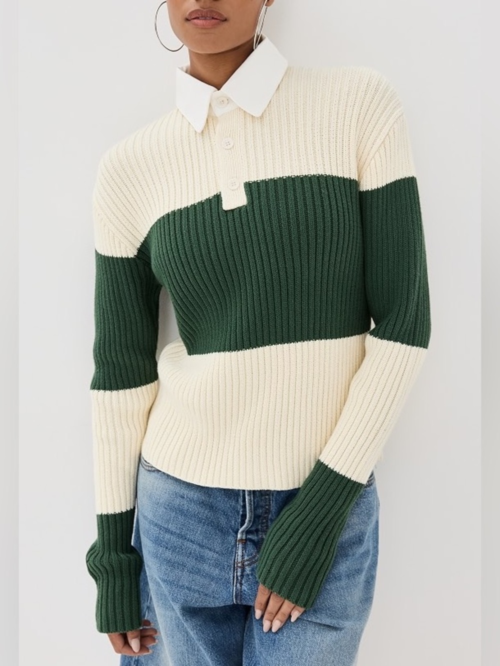 Lioness Prince Rugby Sweater Top in Moss Stripe Green White Collared XS - Picture 2 of 10